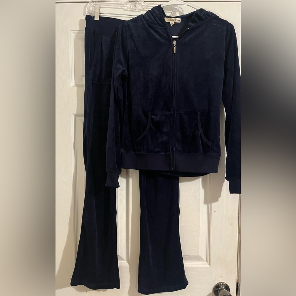 Beta House Navy Blue velour tracksuit set, zip hoodie & flare leg NWT Size Small